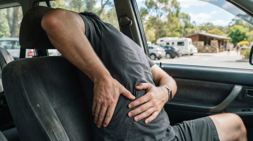 Close-up of a travelers hands performing a self-massage on 