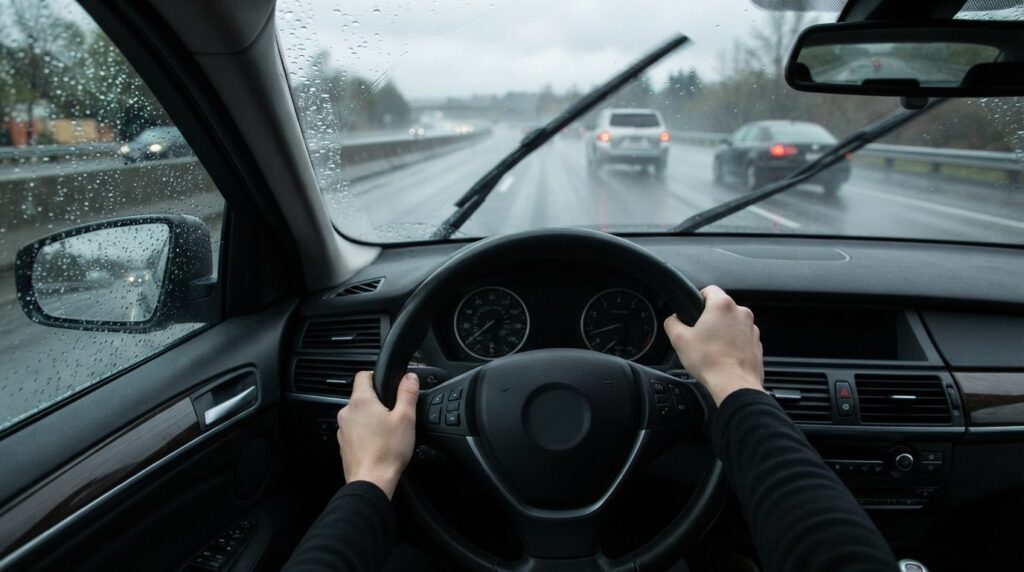 Photorealistic stock image, 16:9 format: Drivers perspectiv