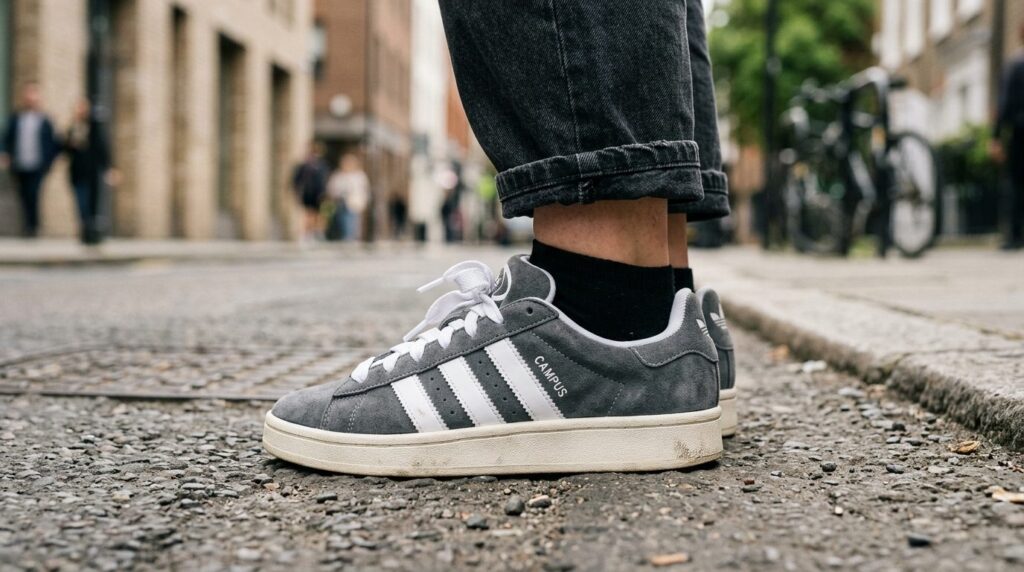 Close-up detail shot of Adidas Campus 00s shoe focusing on s