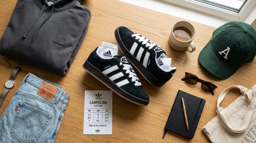 Flat lay arrangement of Adidas Campus 00s sneaker with size 